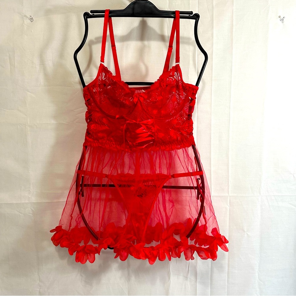 2Piece Shein Red Lace Hearts Frilly Petal Hem Babydoll Lingerie Thong Panty Set